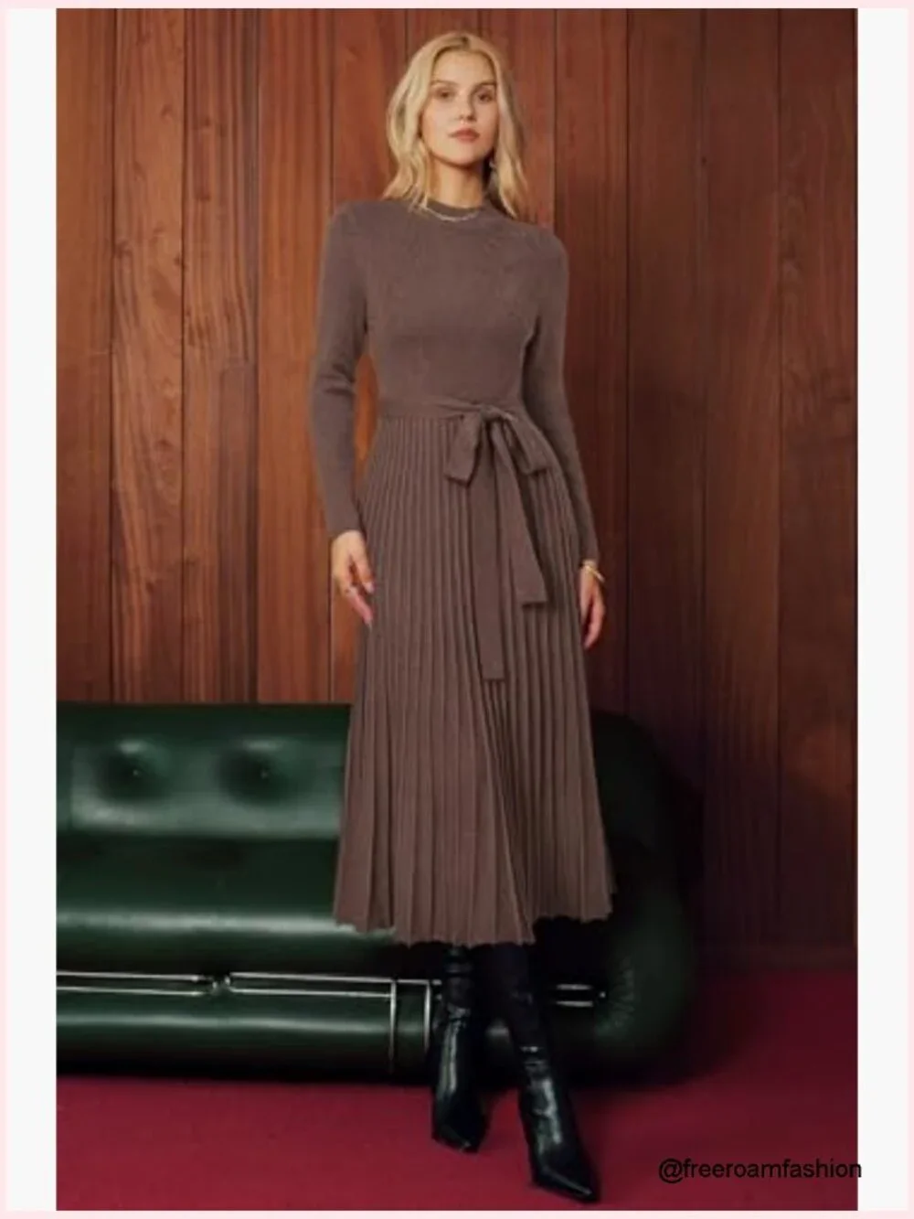 Wool Blend Mock Neck Tie Waist Pleated Sweater Dress - Picture 6 of 7